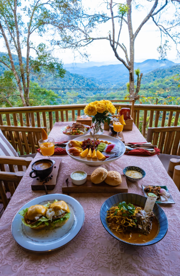 欣赏户外山景餐厅的丰富多样美味佳肴和自然风光.